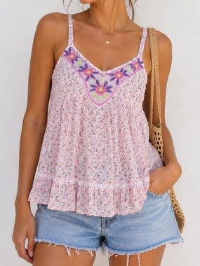Vintage Nolita Pink Floral Embroidered Lace Boho Babydoll Tank Top Medium